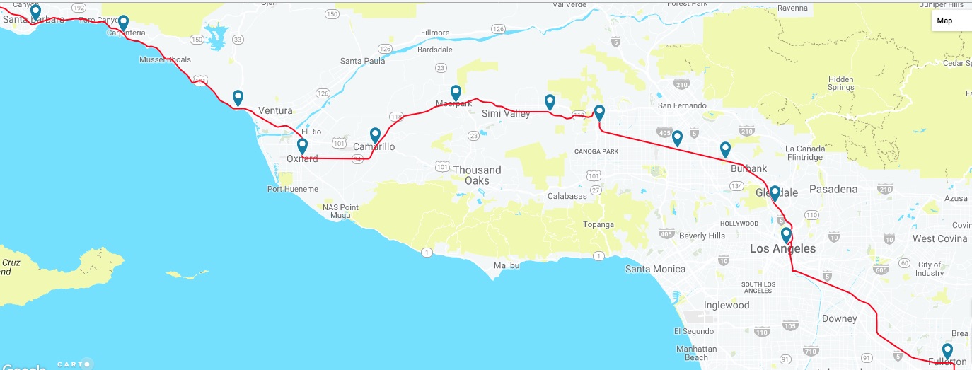 Fullerton to Santa Barbara Map
