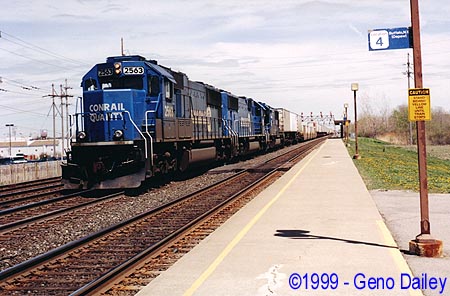 Conrail #2563 leadts Train TV-5 on Track #1.