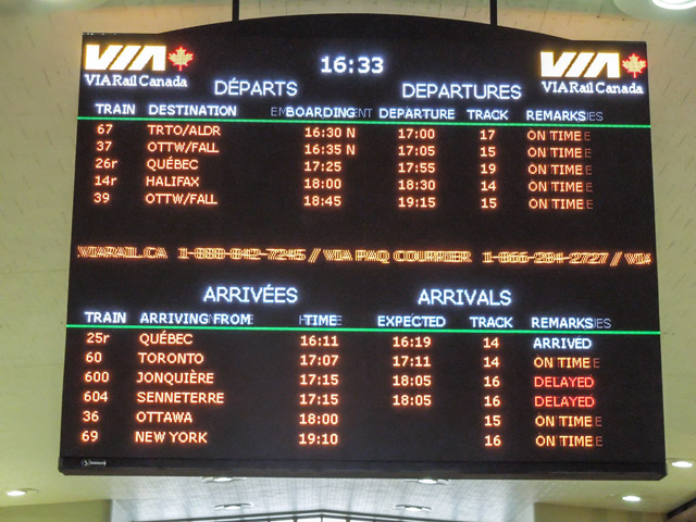 The departure board at Montreal Central Station. It changes from English to French every few seconds, as it is doing here.