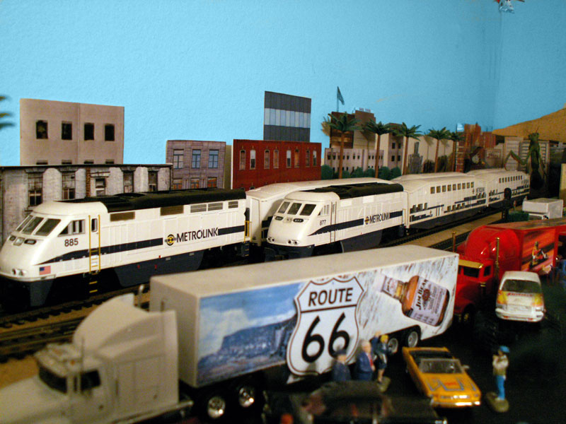 A pair of Metrolink trains wait in San Bernardino