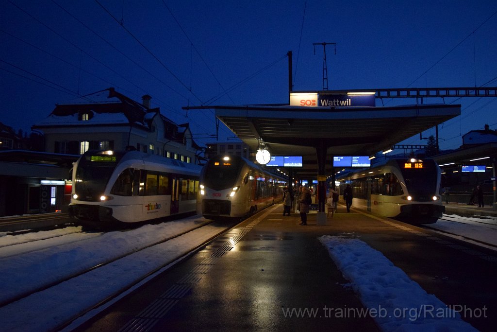 10171-0005-150126.jpg - Thurbo RABe 526.708-3 "Steinach" + SOB RABe 526.002-1 "Calanda" + Thurbo RABe 526.799-2 / Wattwil 15.1.2026