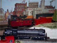 Close up photo of the yard modules and one of the backdrop scenes.  Photo by Bob Welsh.