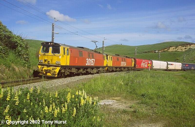 EF 30157 with EF 30134 on train 220 at Turangarere, 12 December 2002.  Image by Tony Hurst